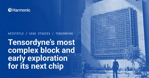 The case study title “Tensordyne’s most complex block and early exploration for its next chip” in white over a picture in the Harmonic blue, with the Harmonic logo